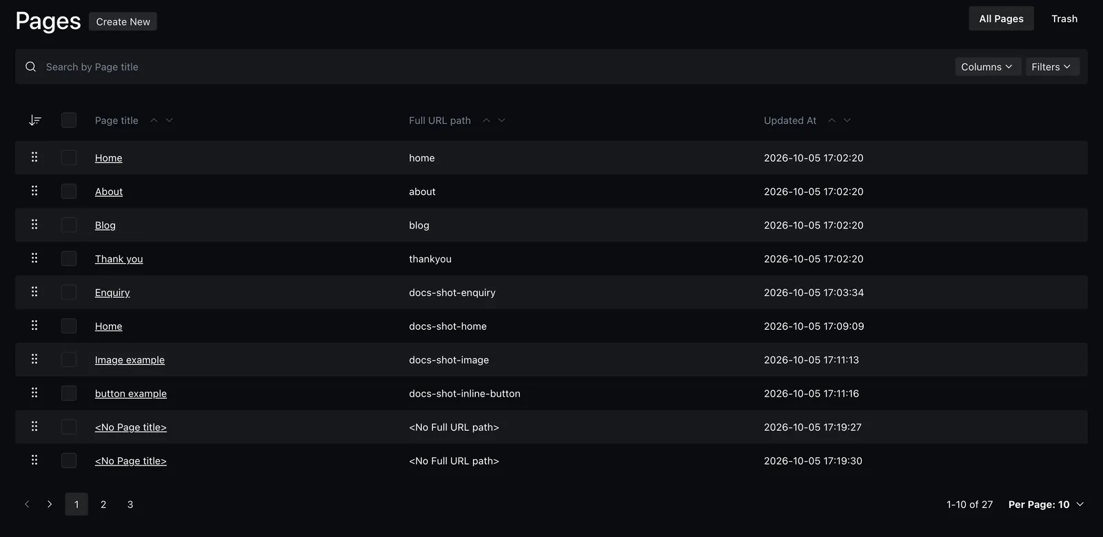 The page list with the Home page and other website pages