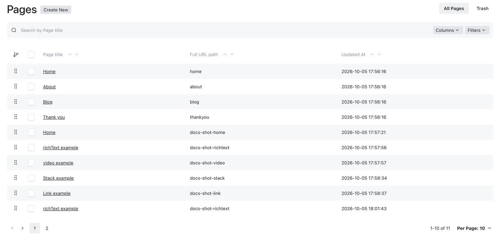 The Pages collection with titles and URL paths