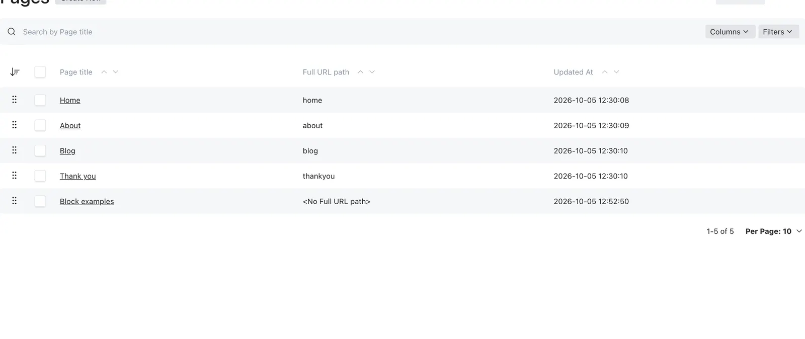 The page list with the Home page and other website pages