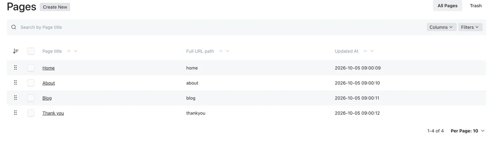 The Pages collection with titles and URL paths