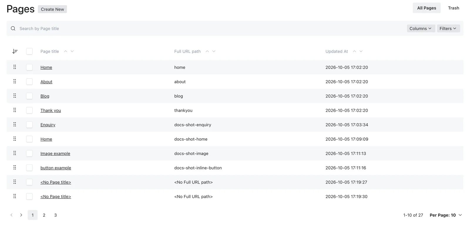The page list with the Home page and other website pages