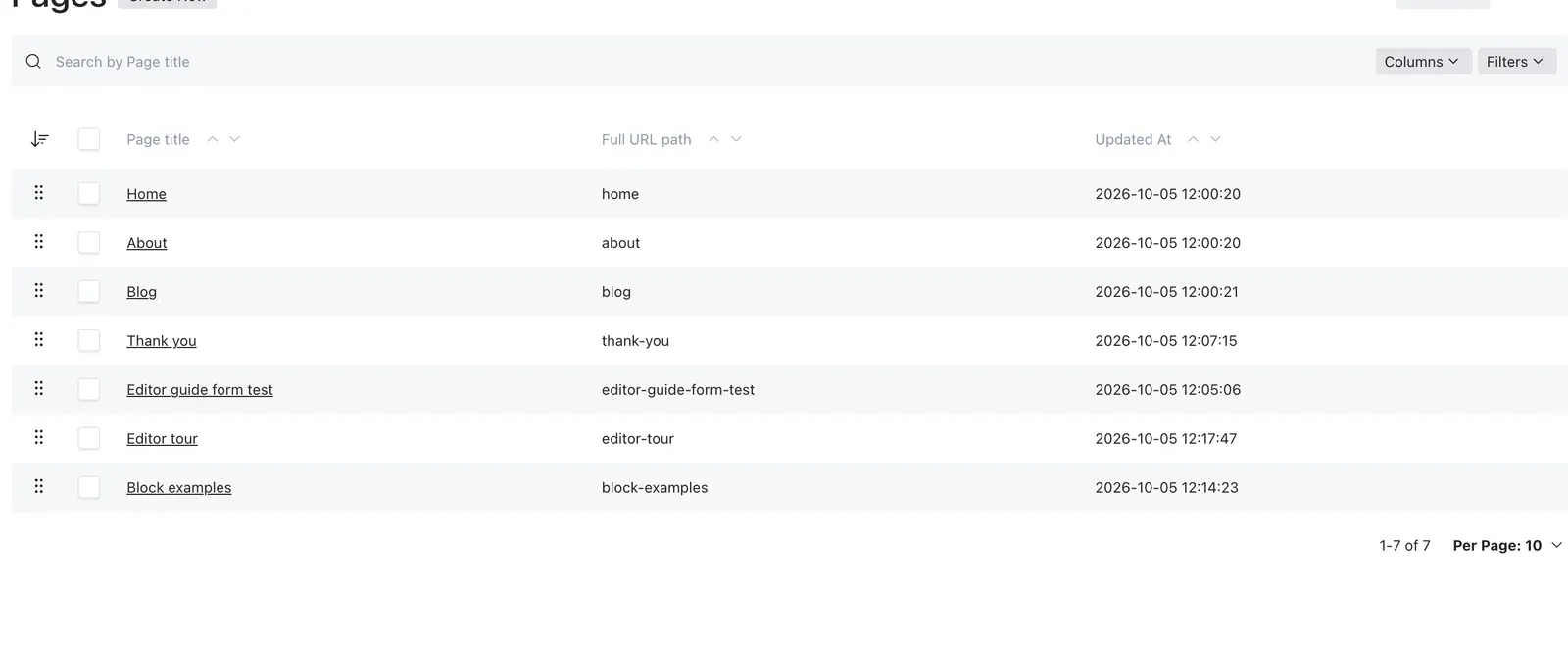 The Pages list with page names, full URL paths, search, and Create new Page