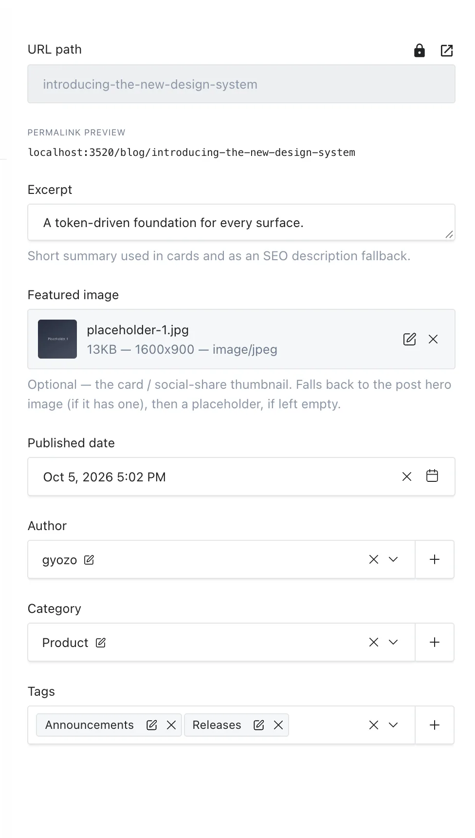 Post sidebar showing demo selected in Author beneath Published date
