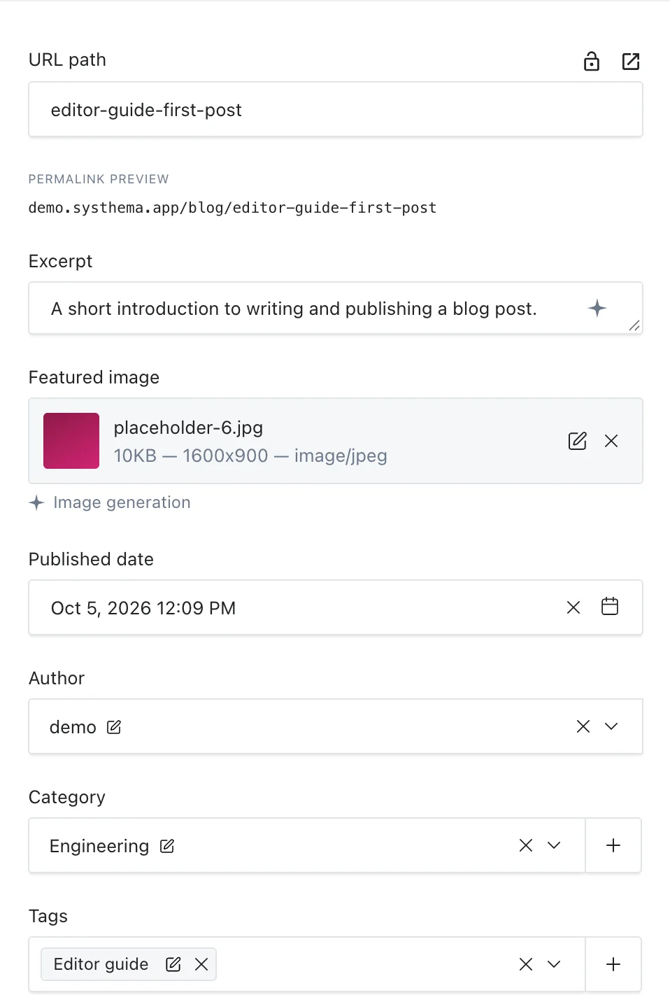 Post sidebar showing demo selected in Author beneath Published date