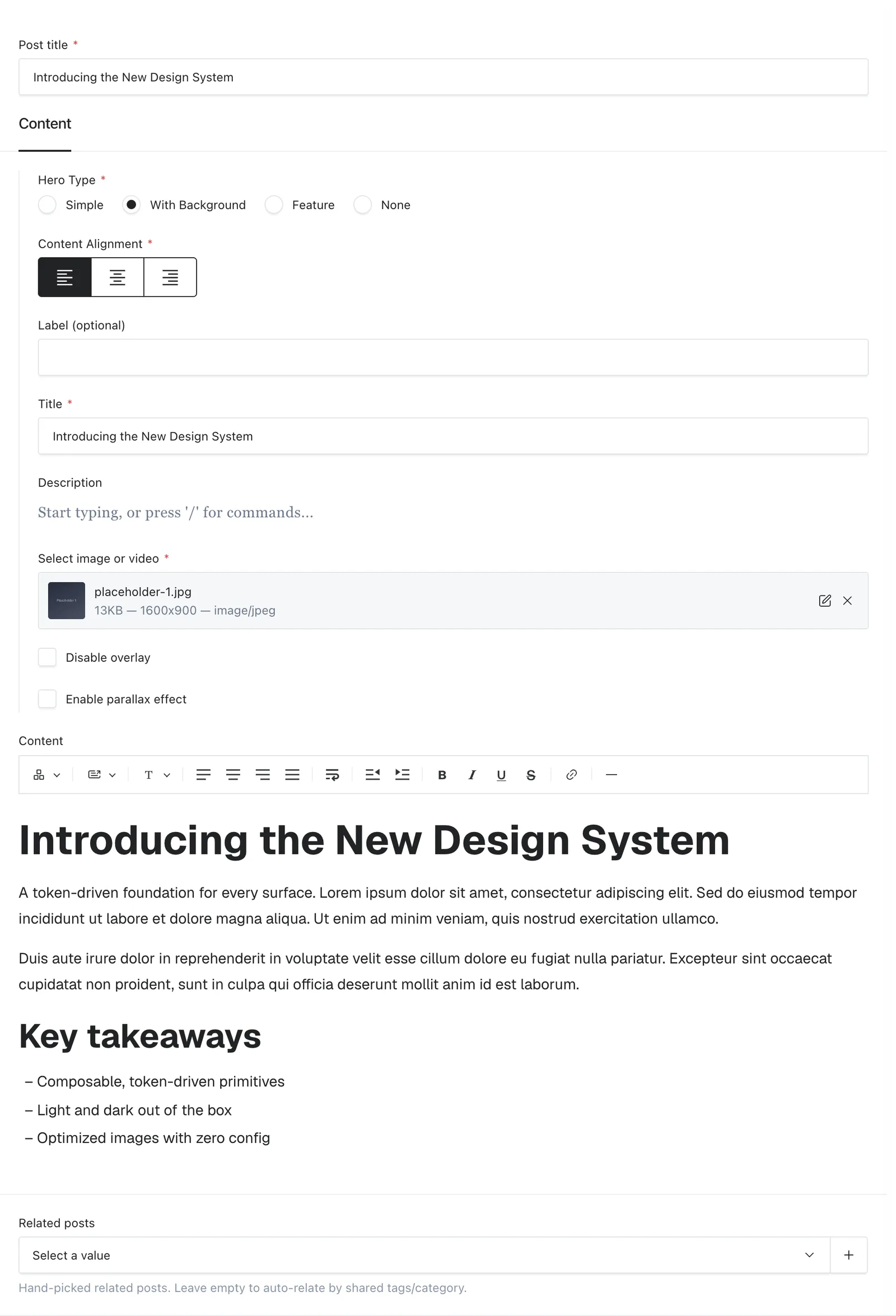 Post editor showing Post title, Hero Type, Content and the permalink preview in the sidebar