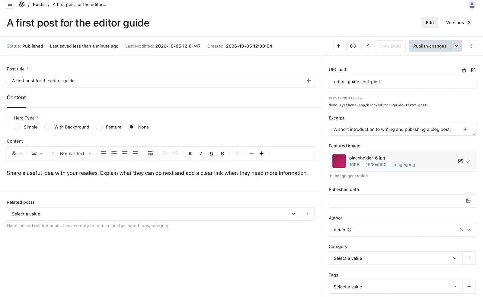 Post editor showing Post title, Hero Type, Content and the permalink preview in the sidebar