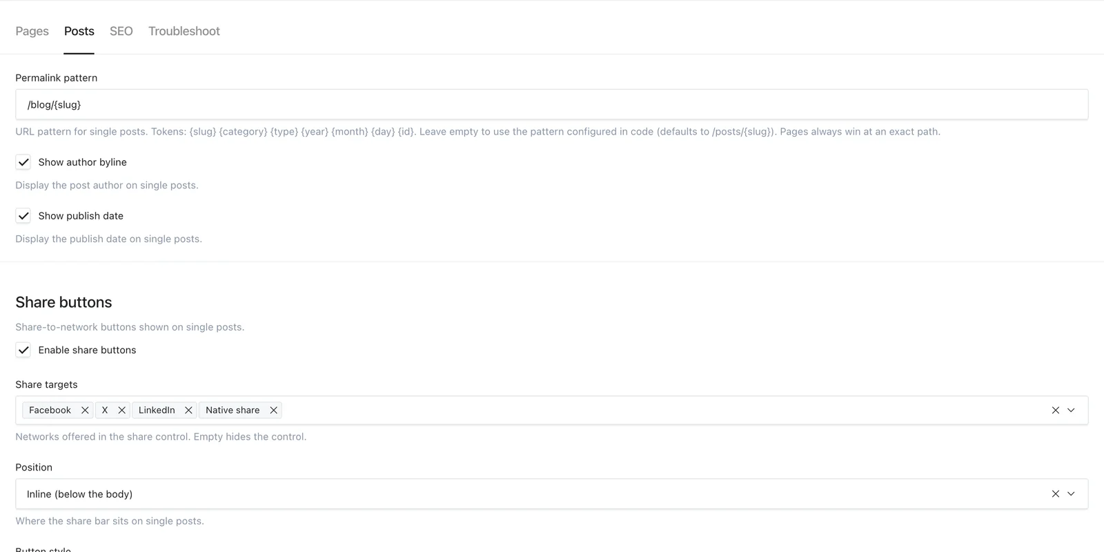 General Settings Posts tab with permalink, byline, share and related-post settings