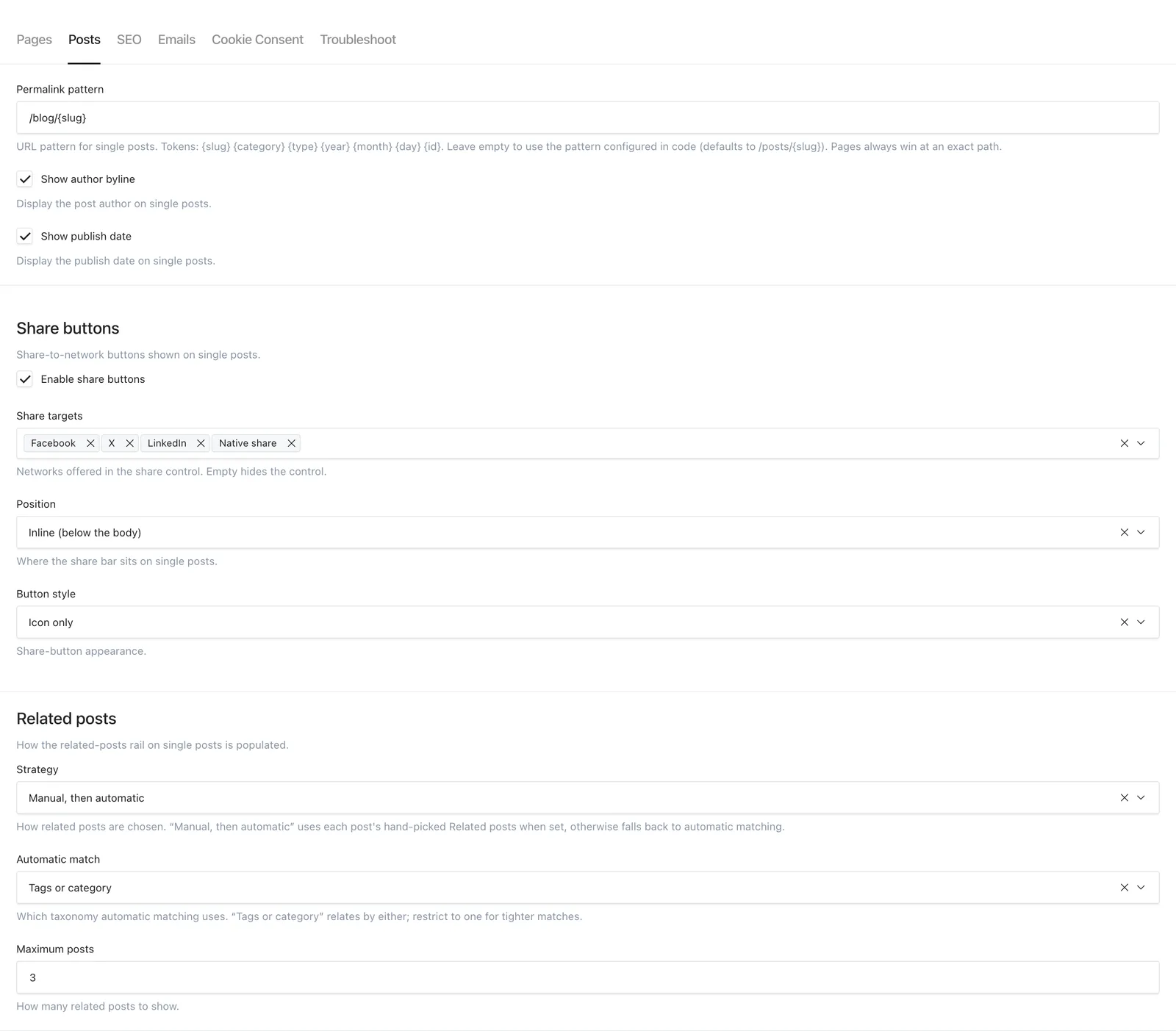 General Settings Posts tab with permalink, byline, share and related-post settings
