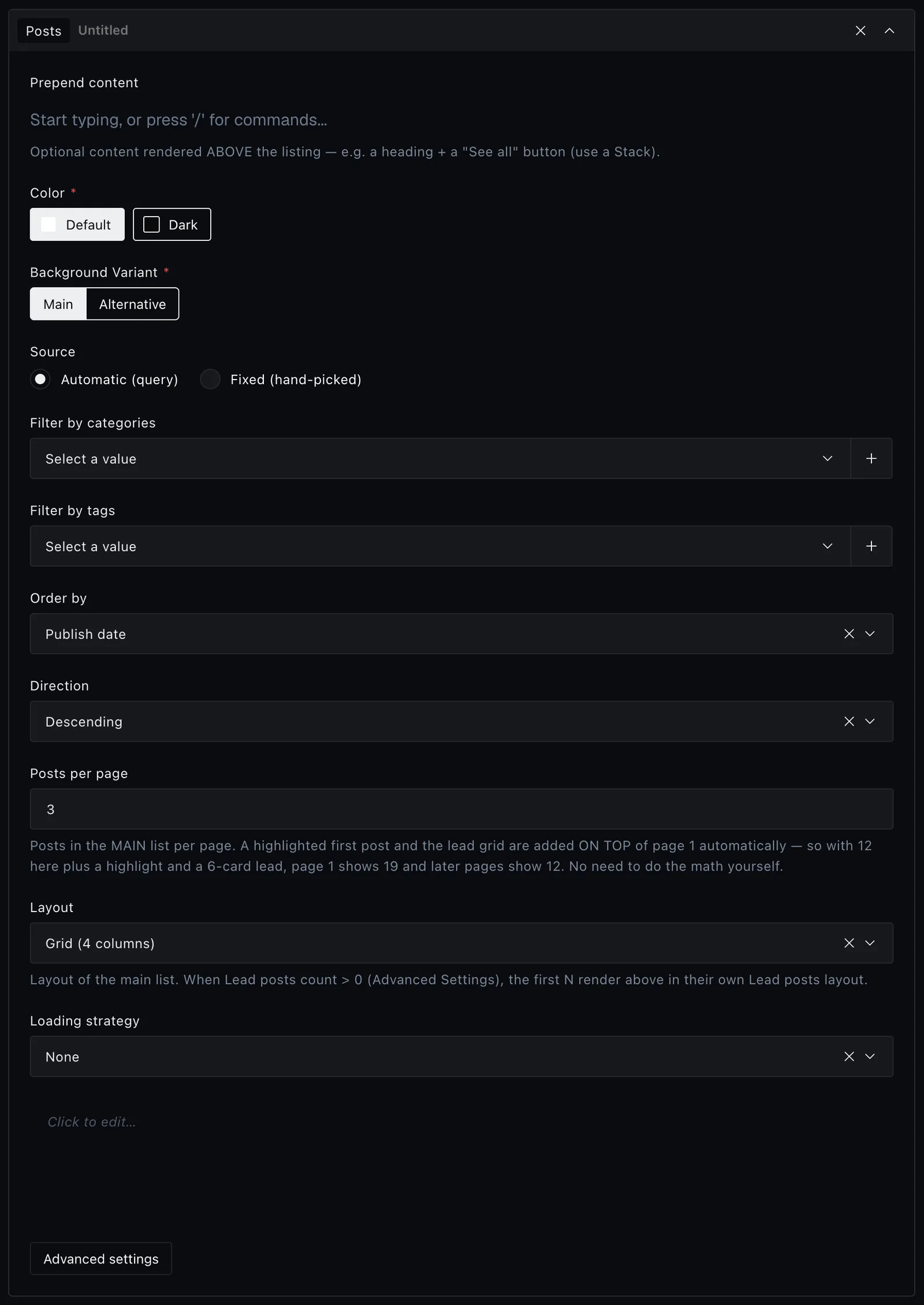 The posts block fields in the Payload editor
