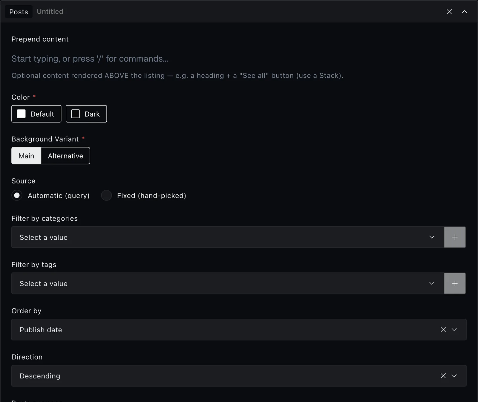 The posts block fields in the Payload editor