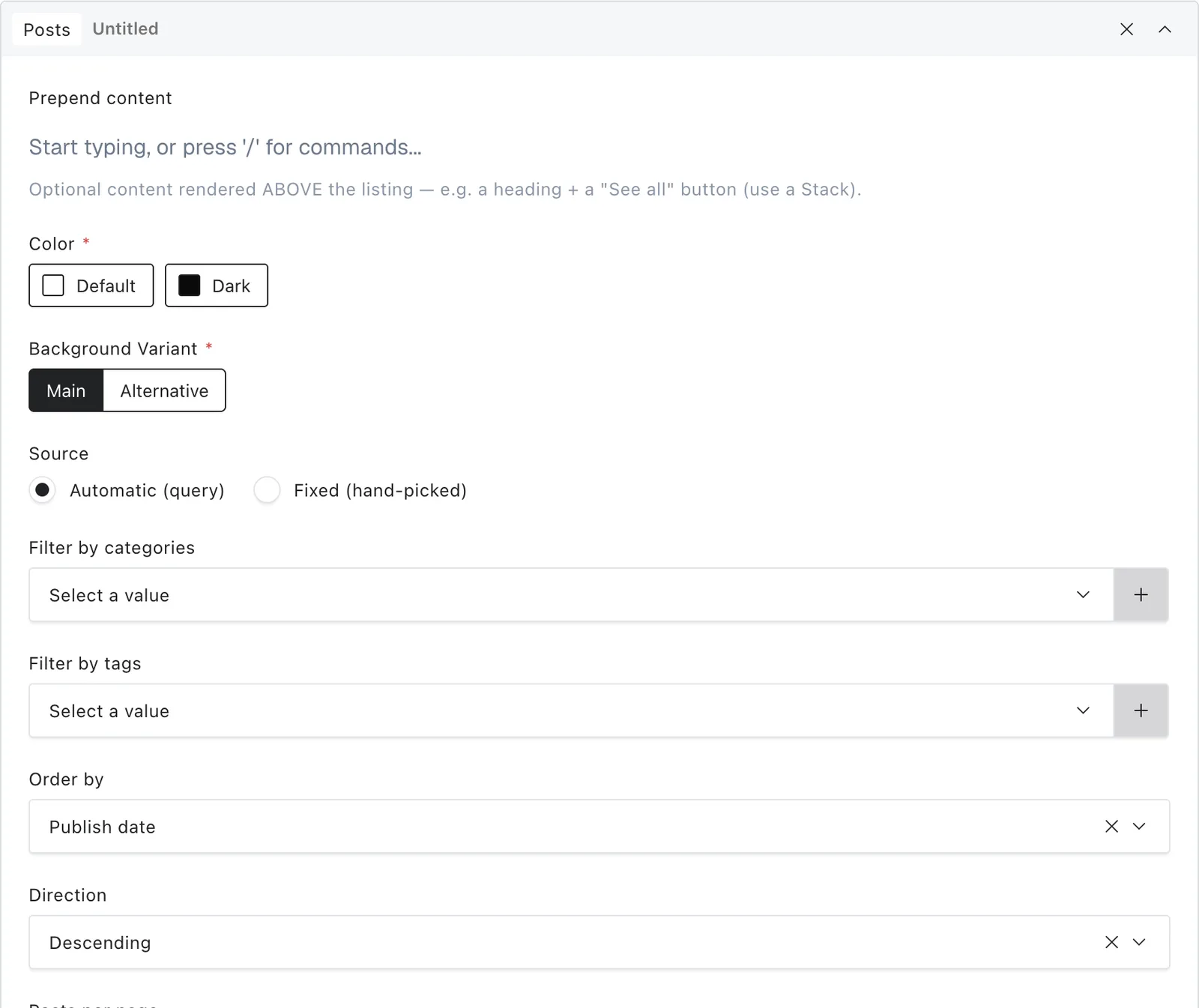 The posts block fields in the Payload editor