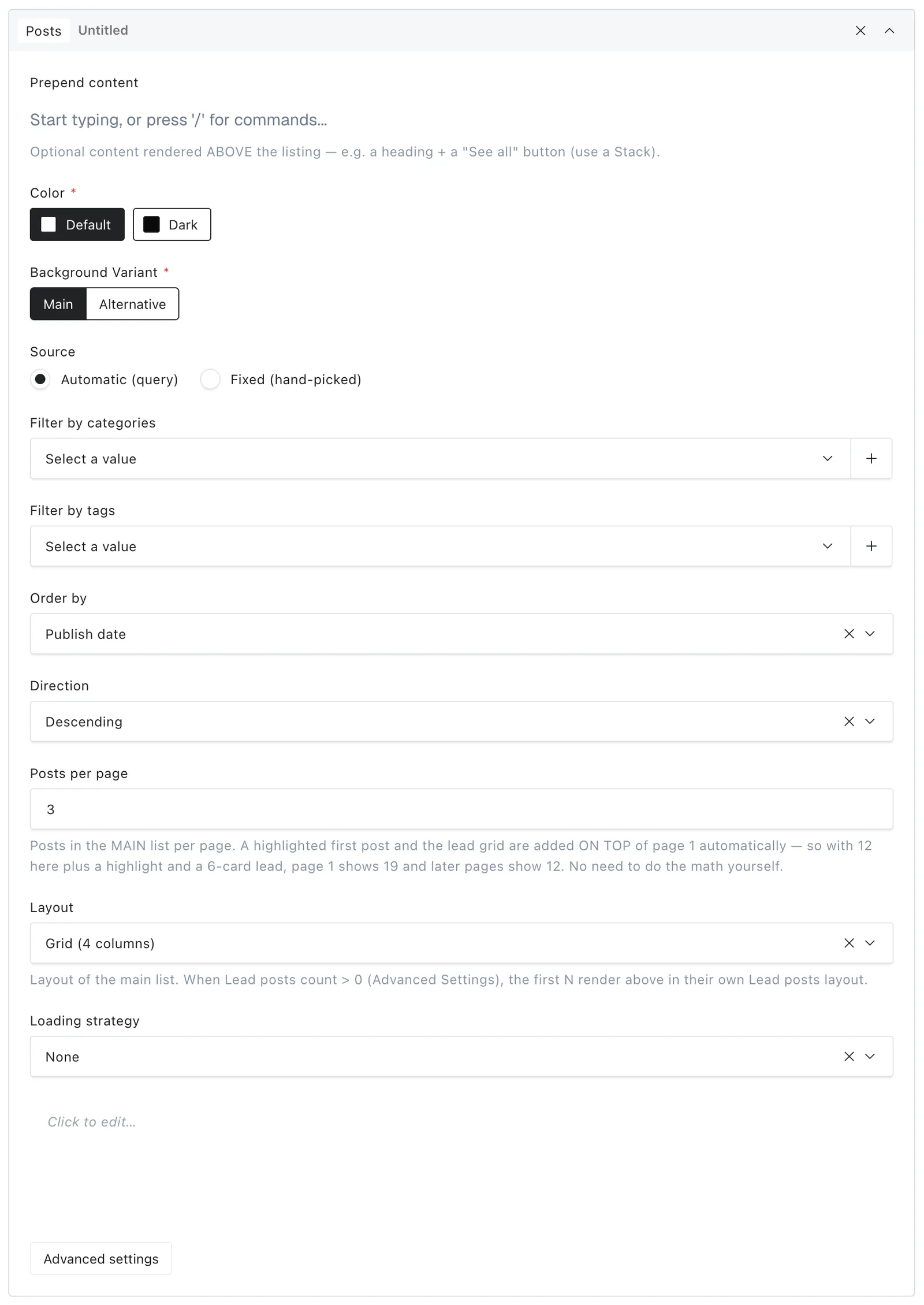 The posts block fields in the Payload editor