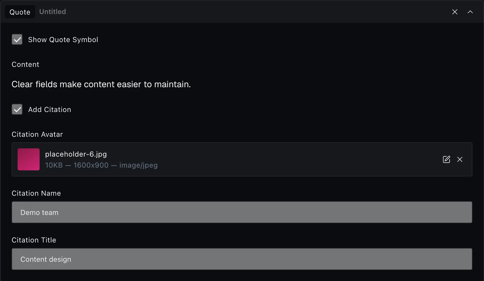 The quote block fields in the Payload editor