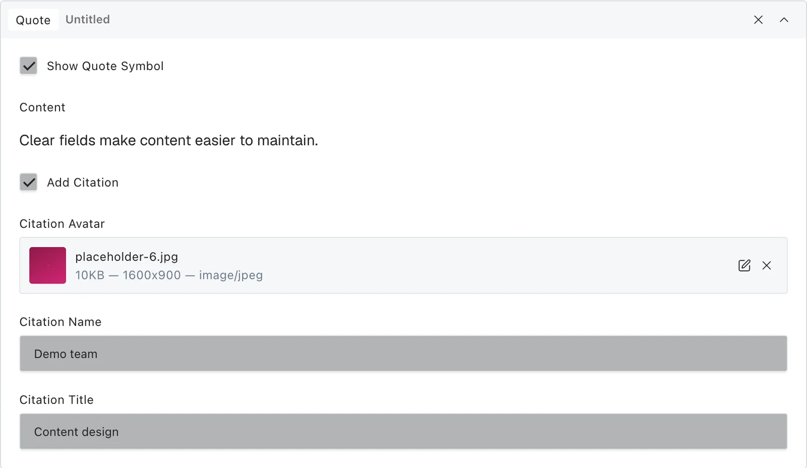 The quote block fields in the Payload editor