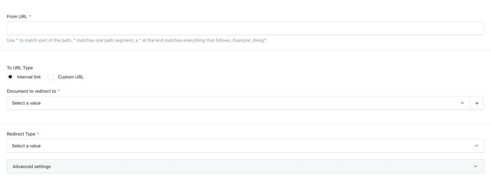 Redirect editor showing From URL, To URL Type, Custom URL and Redirect Type