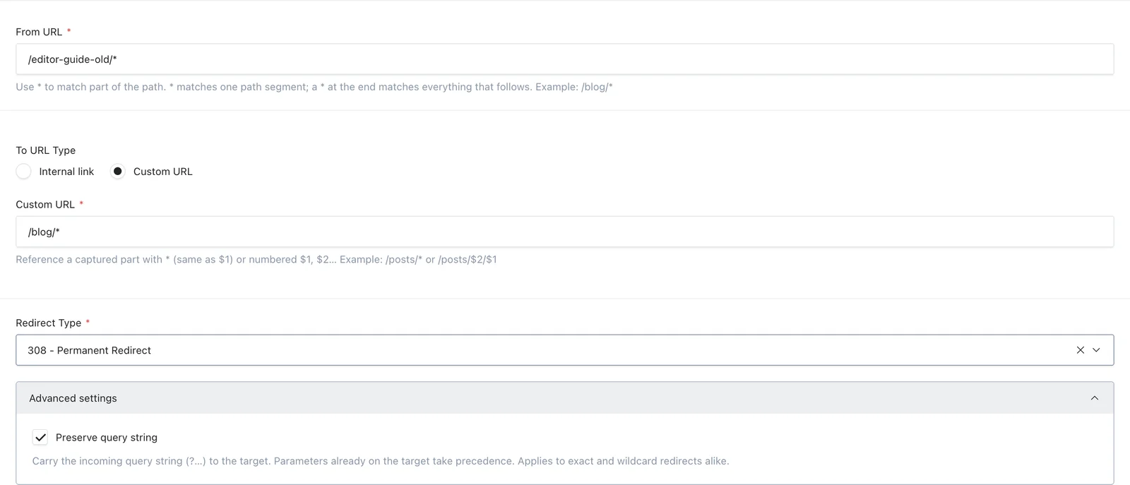 Redirect editor showing From URL, To URL Type, Custom URL and Redirect Type