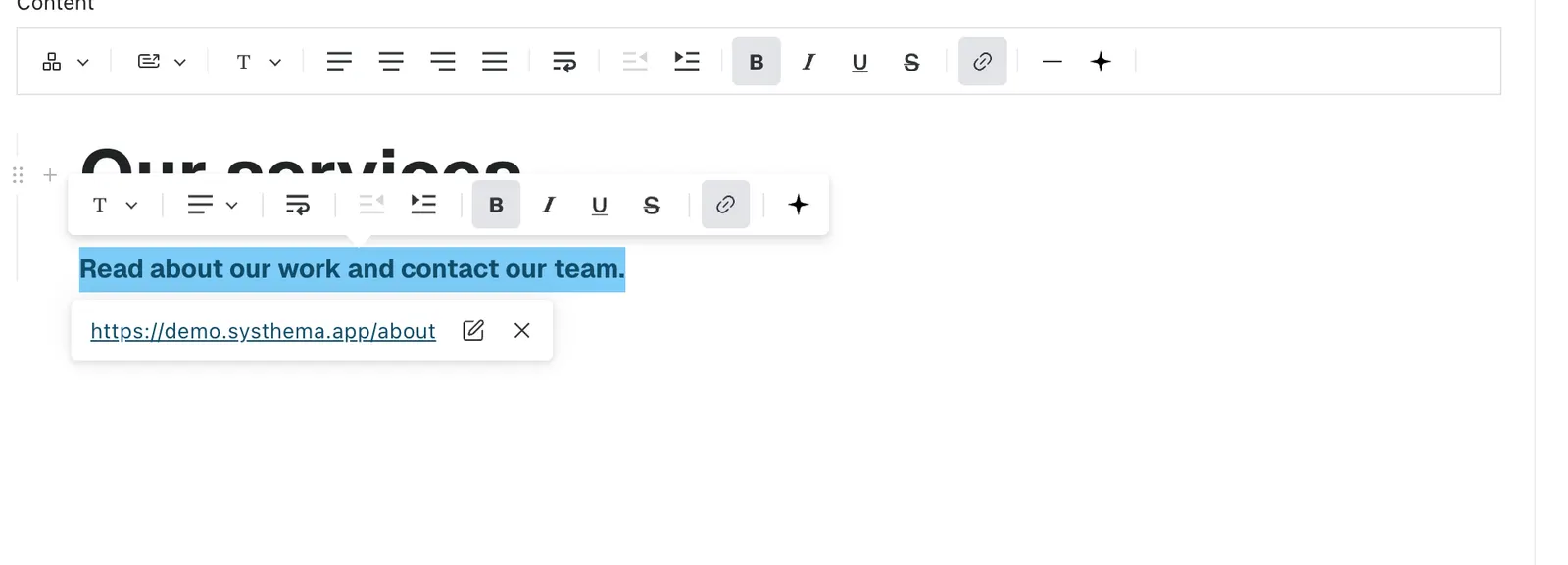The rich text toolbar above a heading and a formatted paragraph