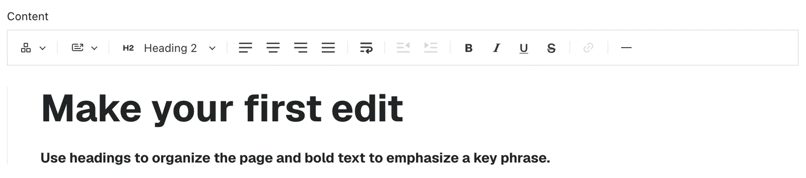 The rich text toolbar above a heading and a formatted paragraph