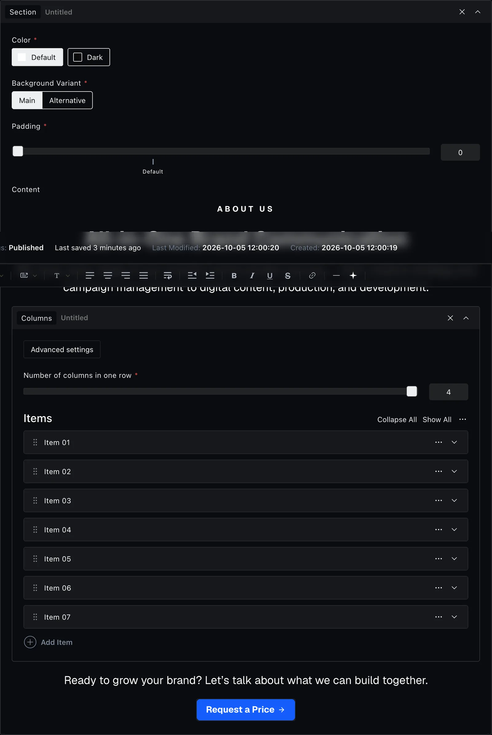 The section block fields in the Payload editor