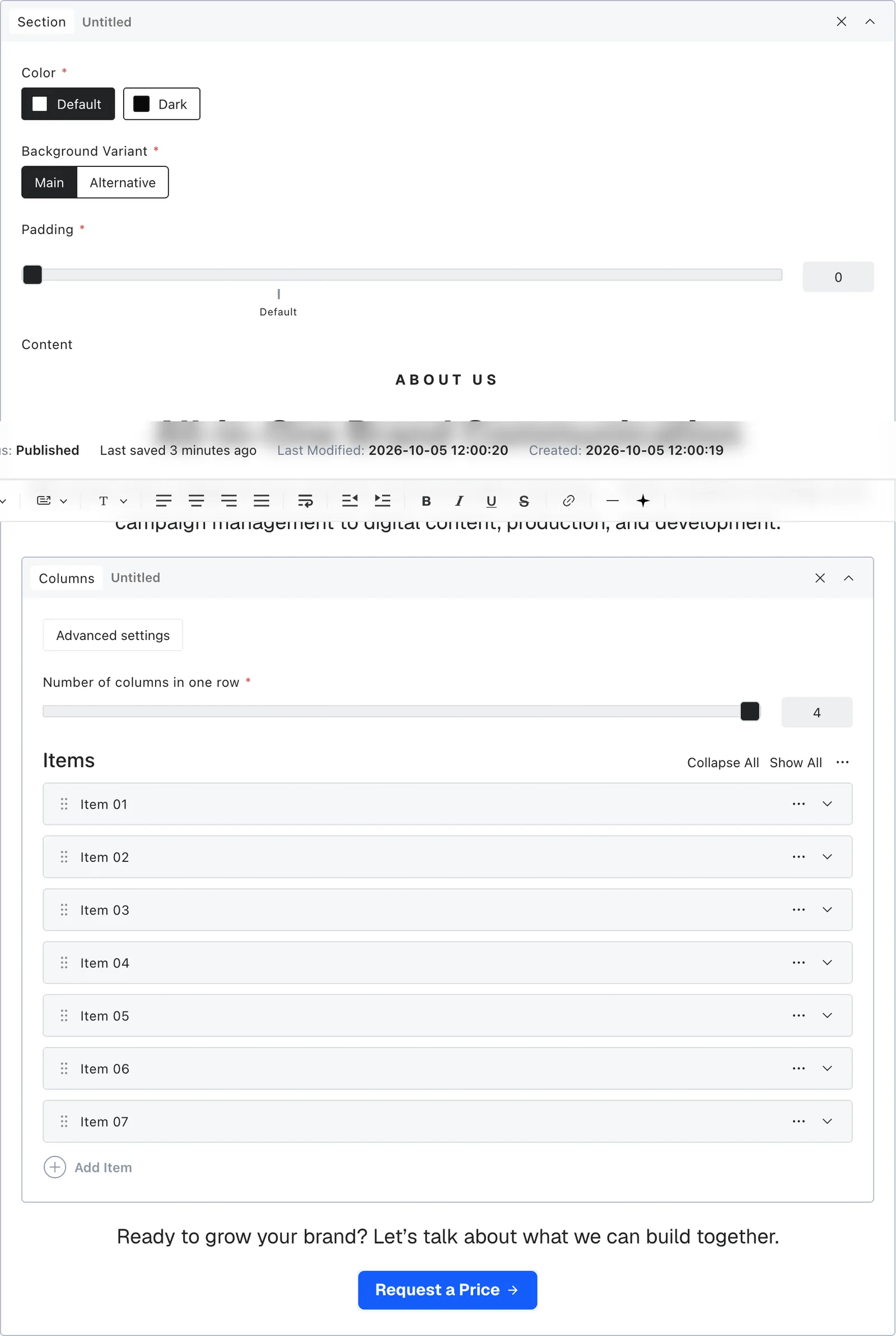 The section block fields in the Payload editor