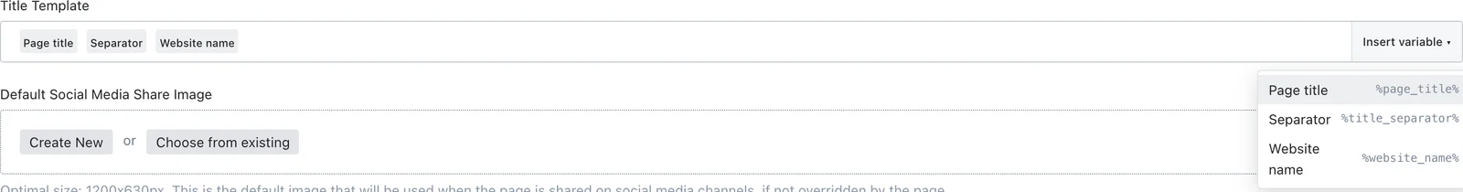 Title Template chip editor with Page title, Separator and Website name variable choices