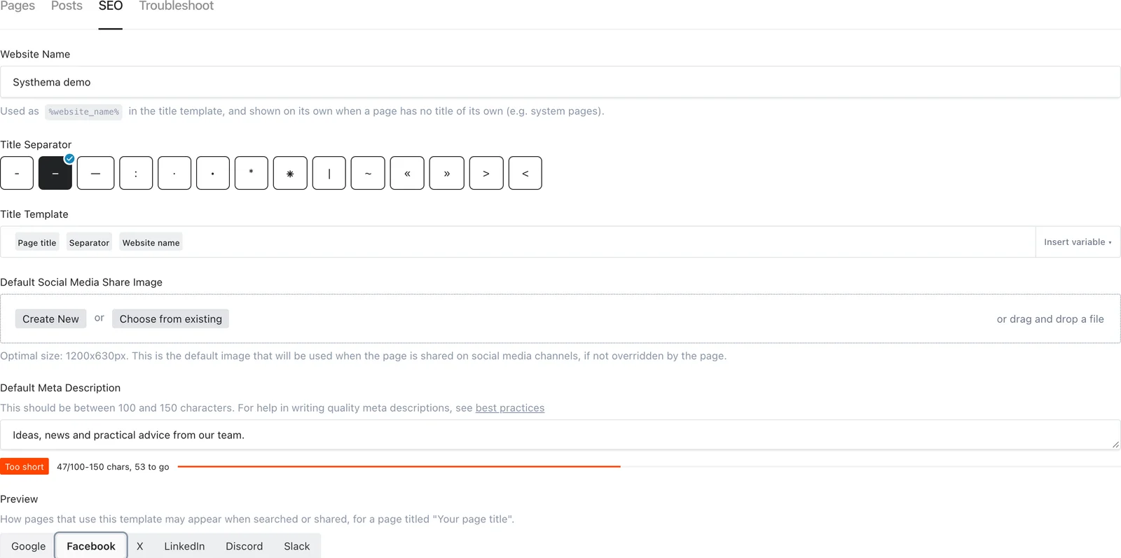 SEO settings with website name, separator choices, title template and default description