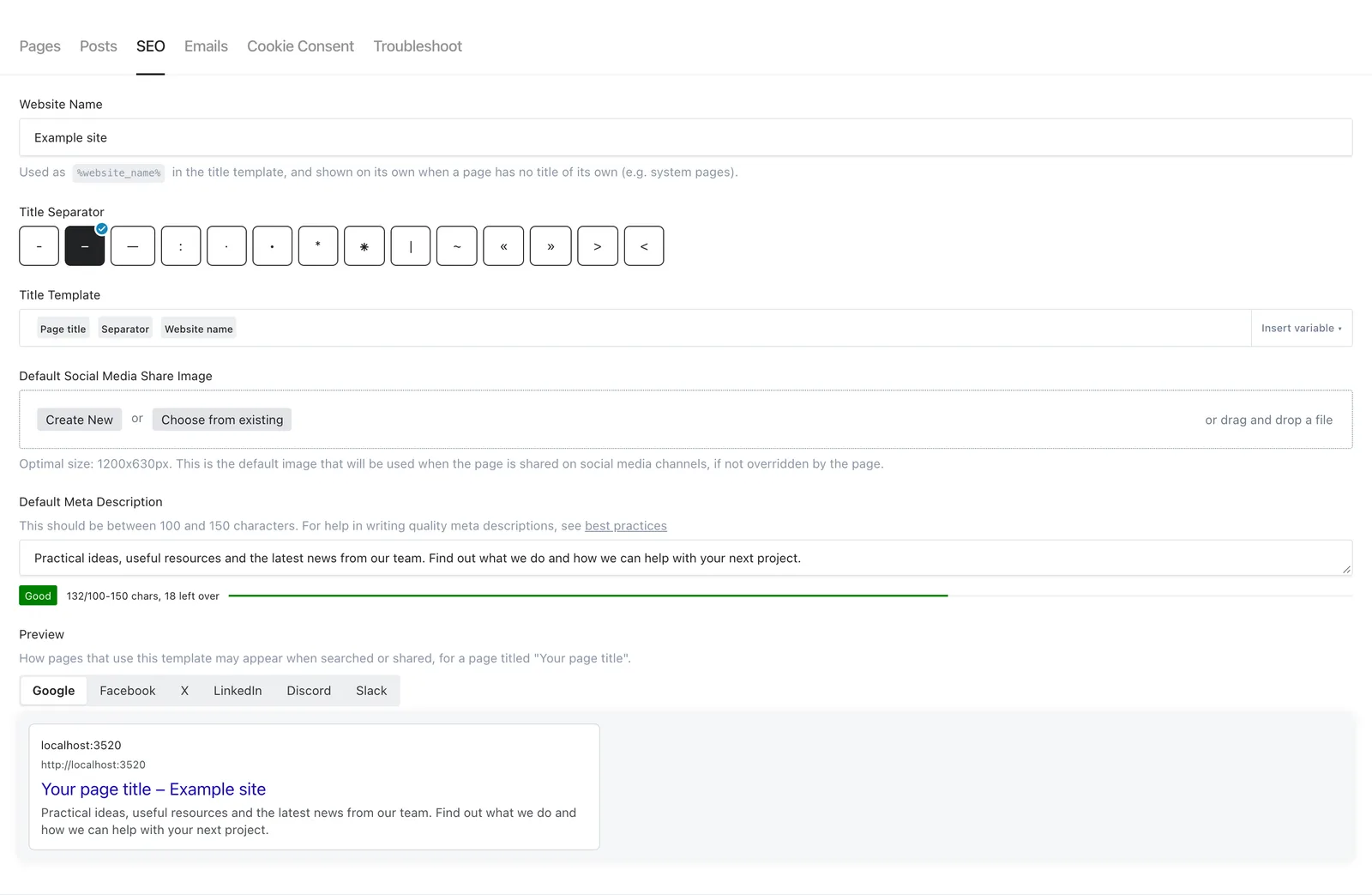 SEO settings with website name, separator choices, title template and default description