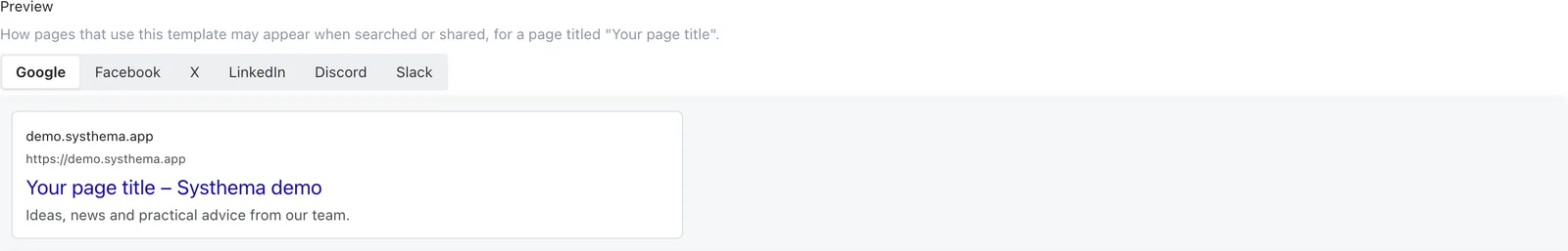 Social preview tabs with a sample Google result using the site-wide defaults