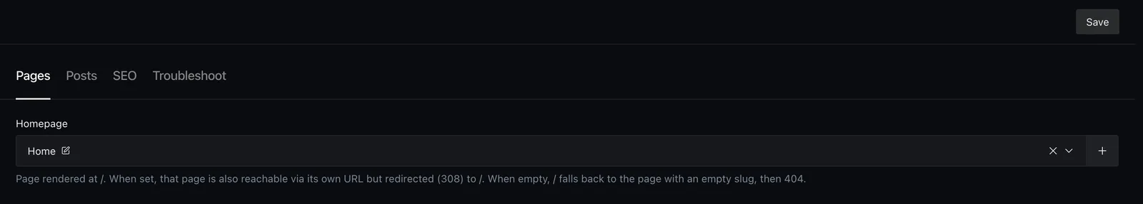 General Settings with its Pages tab and homepage picker