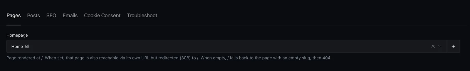 General Settings with its Pages tab and homepage picker