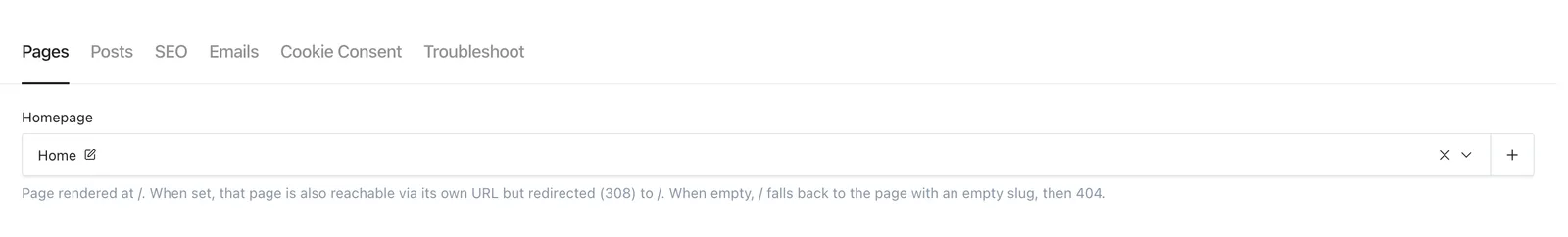 General Settings Pages tab with Home selected as Homepage