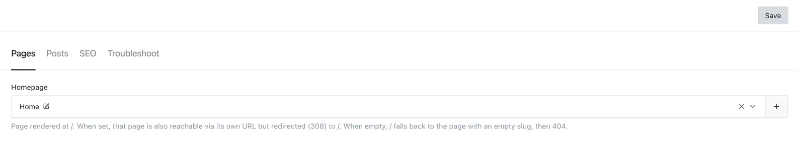General Settings with its Pages tab and homepage picker