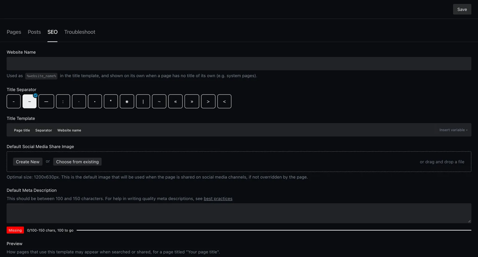 General Settings SEO fields and title-template chips