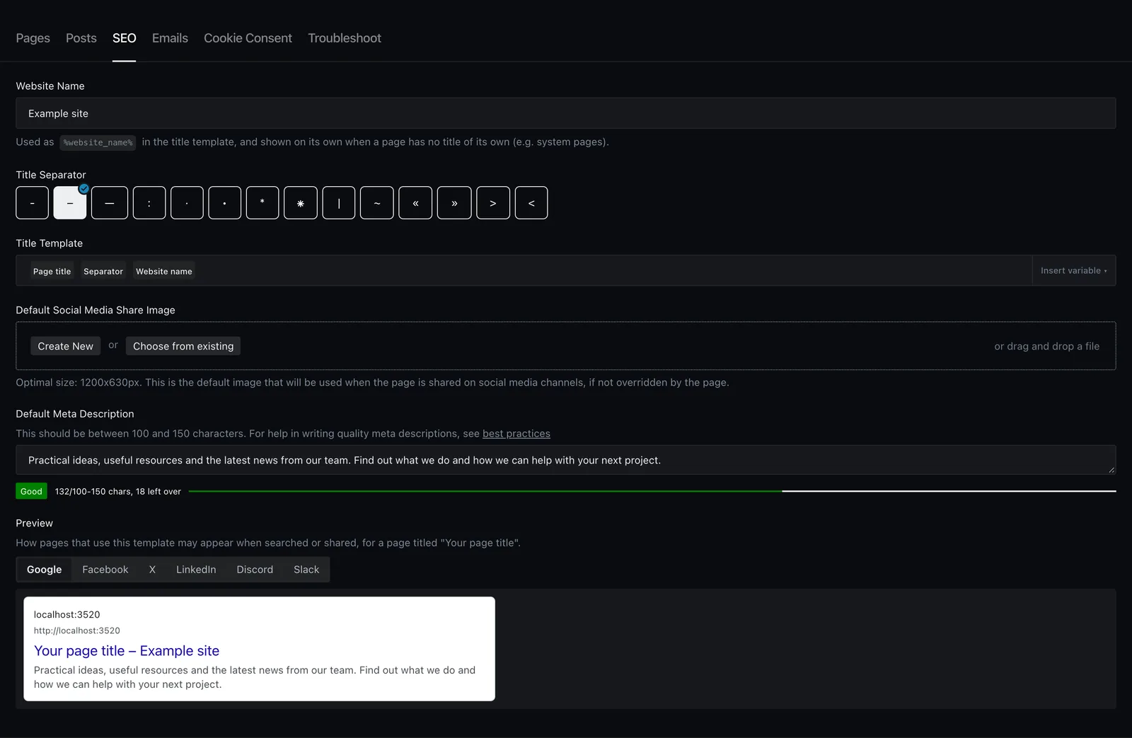 General Settings SEO fields and title-template chips