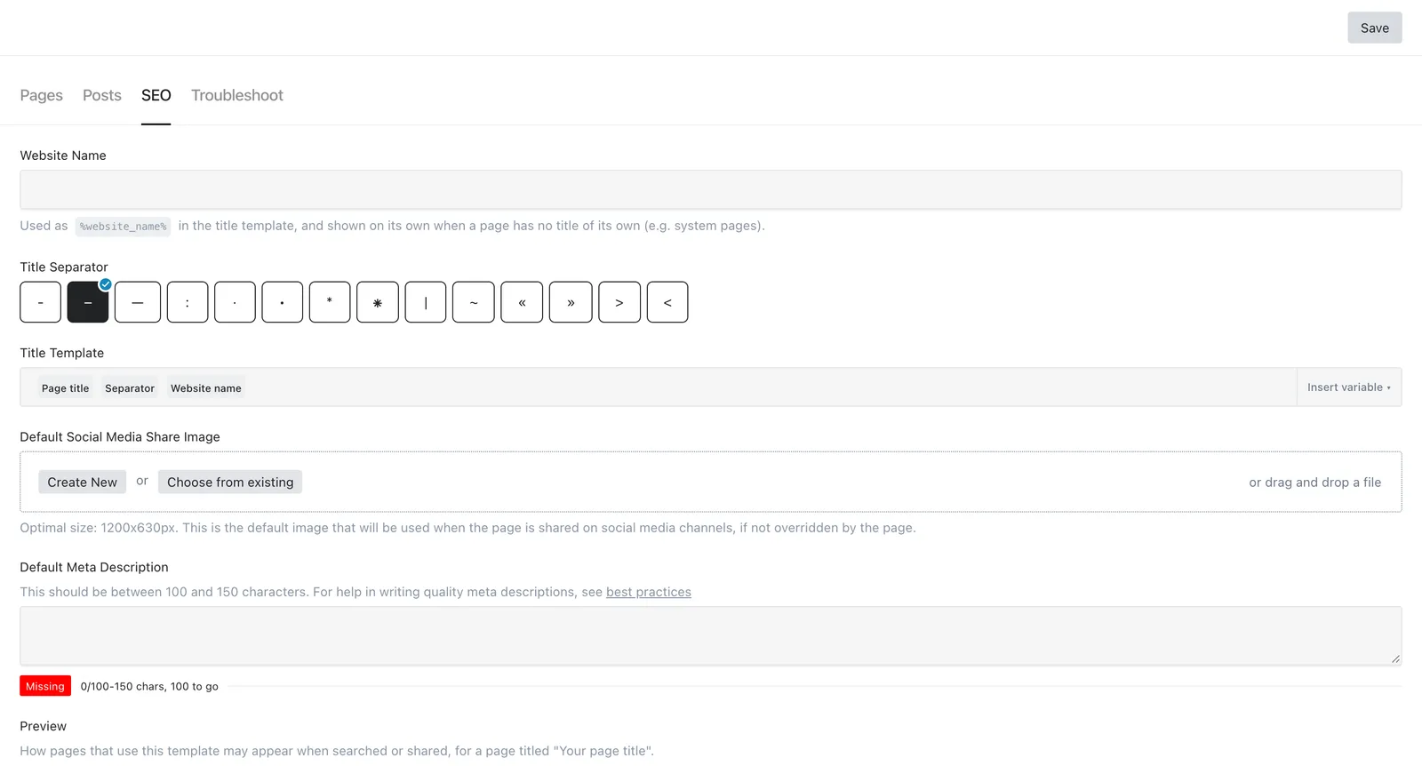 General Settings SEO fields and title-template chips