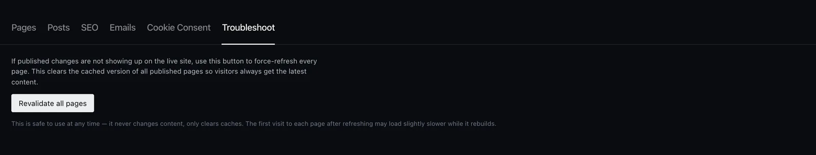 The Troubleshoot tab with its revalidate action