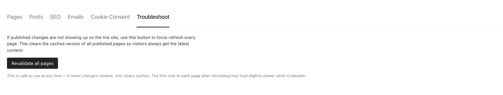 Troubleshoot tab offering Revalidate all pages