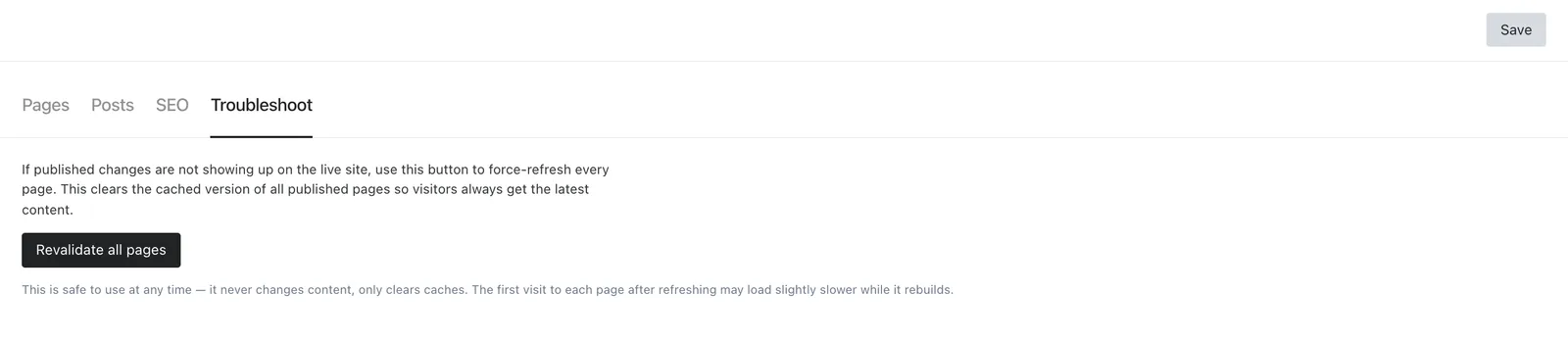 The Troubleshoot tab with its revalidate action