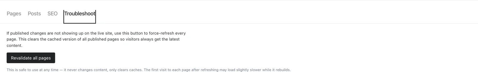 Troubleshoot tab offering Revalidate all pages