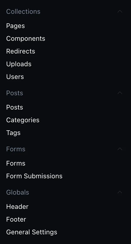 The open menu showing Pages and Uploads under Collections and Header and Footer under Globals