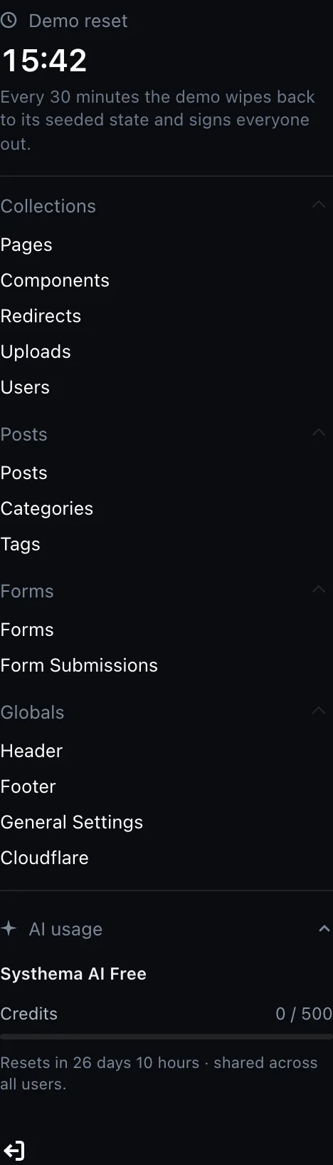 The Admin menu with its collections, shared settings, and Log out control