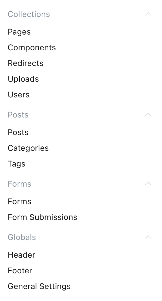The open menu showing Pages and Uploads under Collections and Header and Footer under Globals