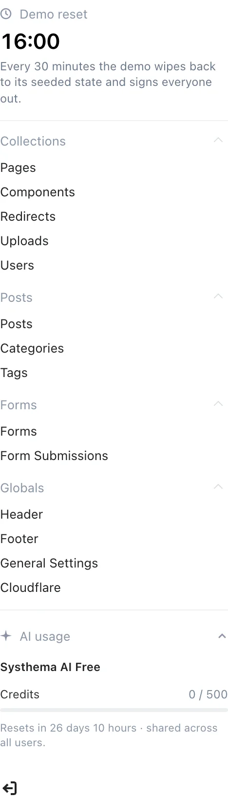 The Admin menu with its collections, shared settings, and Log out control