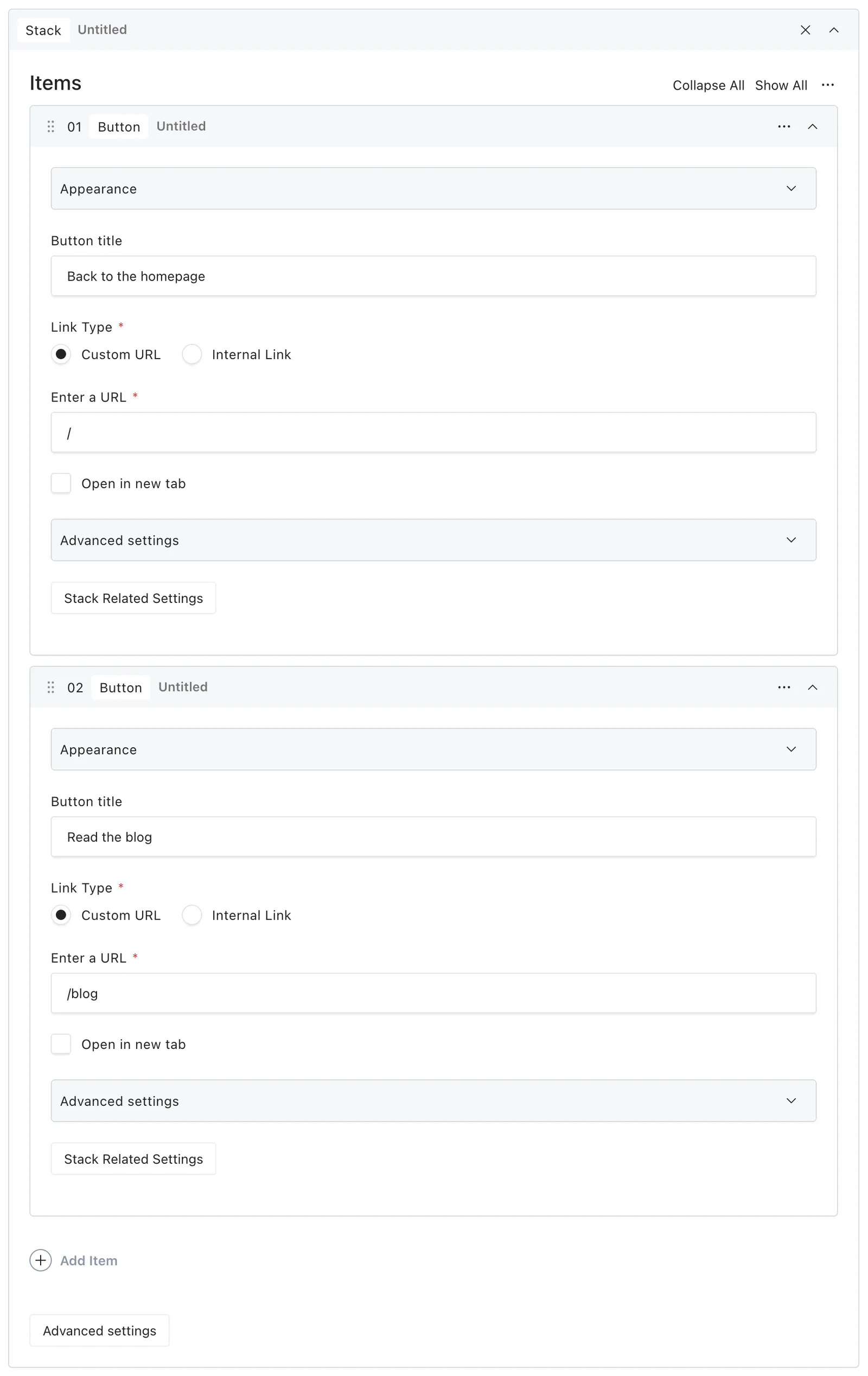 Stack layout controls for gaps, direction, alignment, mobile settings, and size