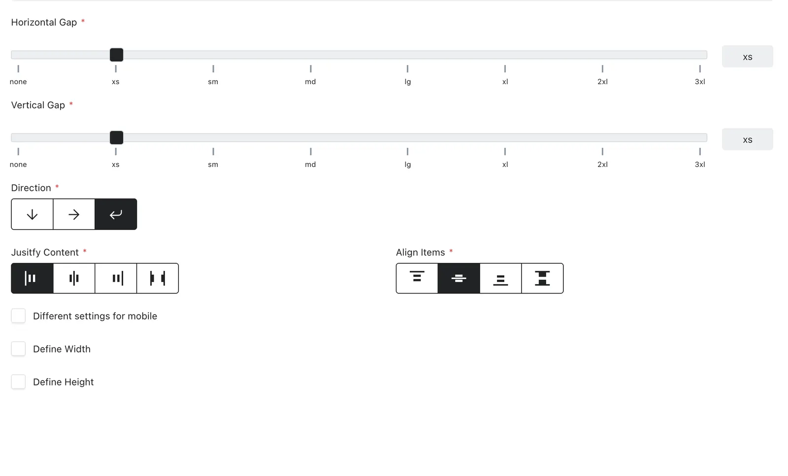 Stack layout controls for gaps, direction, alignment, mobile settings, and size