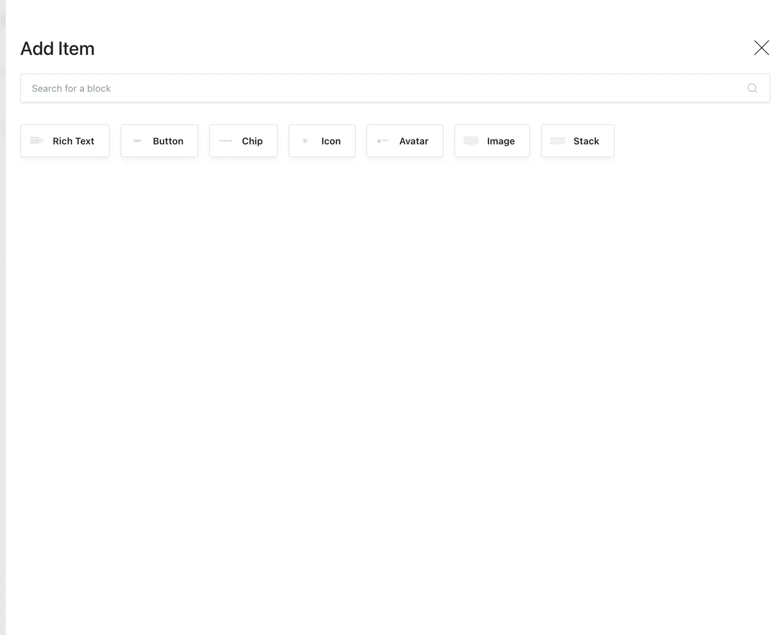The Stack item picker offering Rich Text, Button, Chip, Icon, Avatar, Image, and Stack