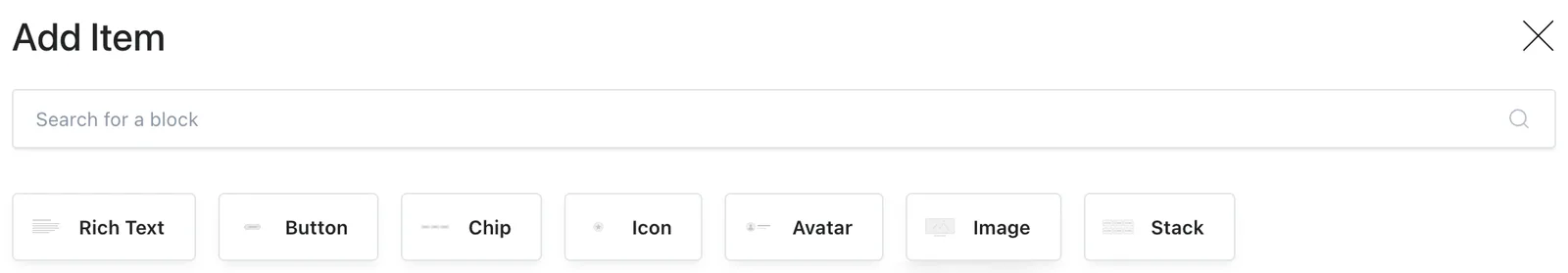 The Stack item picker offering Rich Text, Button, Chip, Icon, Avatar, Image, and Stack