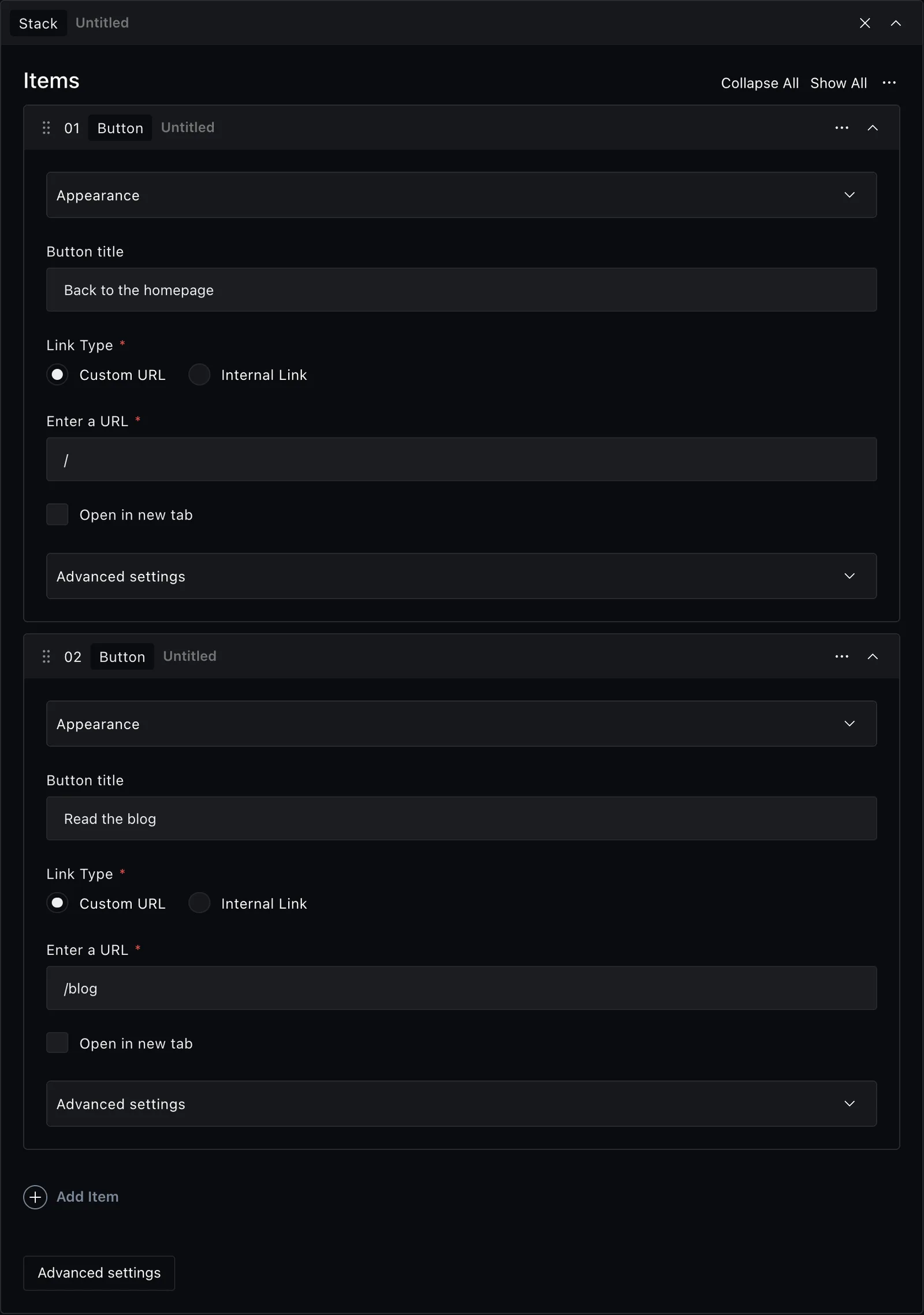The stack block fields in the Payload editor