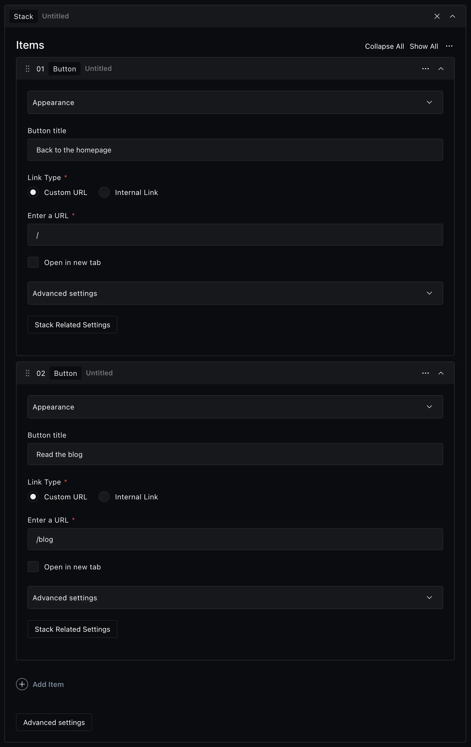The stack block fields in the Payload editor