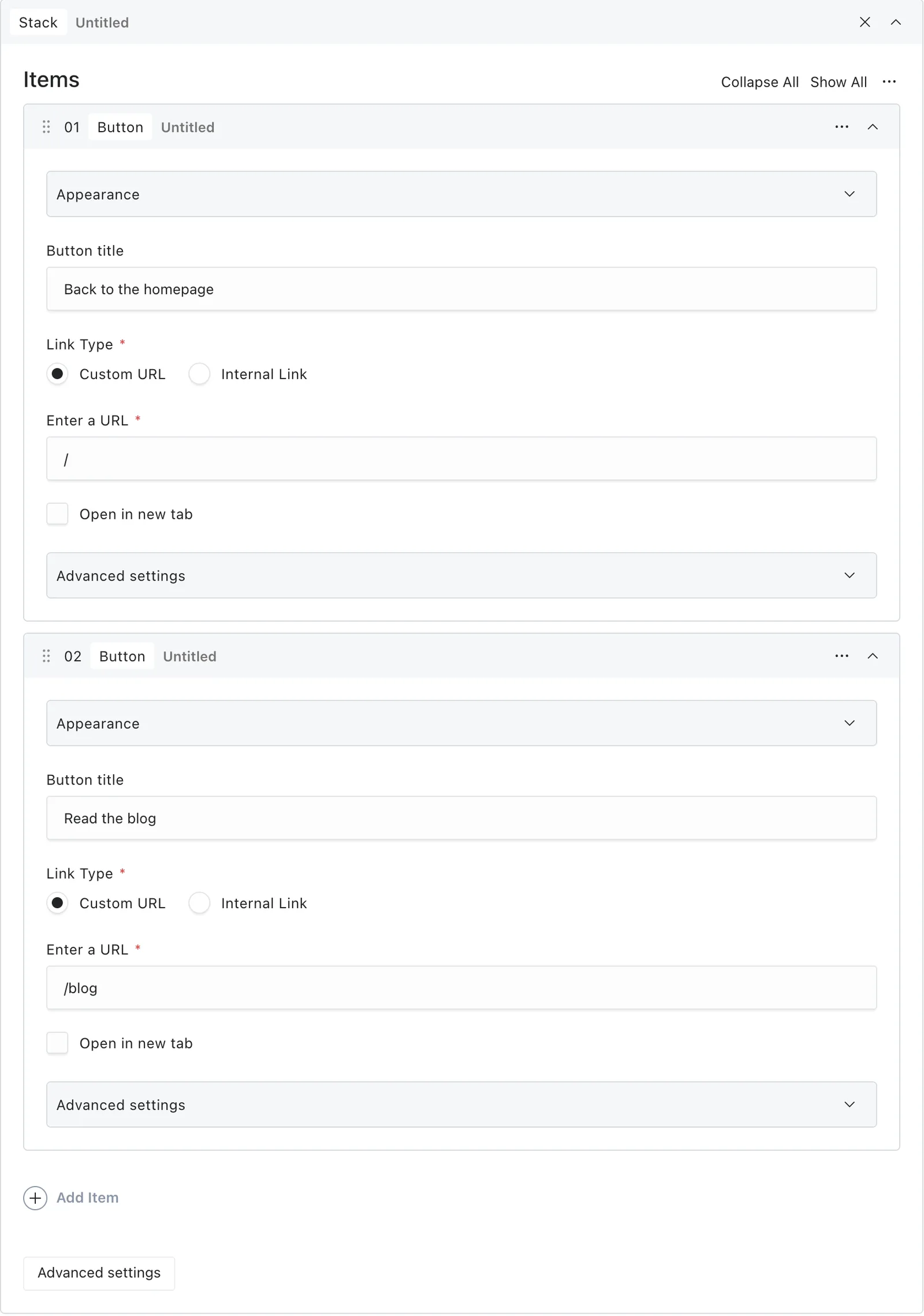 The stack block fields in the Payload editor